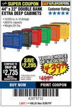 Harbor Freight Coupon 44" X 22" DOUBLE BANK EXTRA DEEP ROLLER CABINETS Lot No. 64444/64445/64446/64441/64442/64443/64281/64134/64133/64954/64955/64956 Expired: 9/30/19 - $439.99