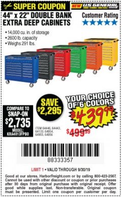 Harbor Freight Coupon 44" X 22" DOUBLE BANK EXTRA DEEP ROLLER CABINETS Lot No. 64444/64445/64446/64441/64442/64443/64281/64134/64133/64954/64955/64956 Expired: 9/30/19 - $439.989999999