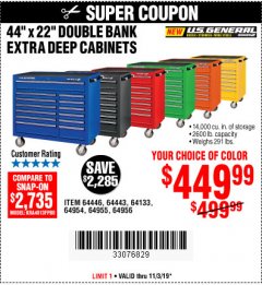 Harbor Freight Coupon 44" X 22" DOUBLE BANK EXTRA DEEP ROLLER CABINETS Lot No. 64444/64445/64446/64441/64442/64443/64281/64134/64133/64954/64955/64956 Expired: 11/3/19 - $449.99