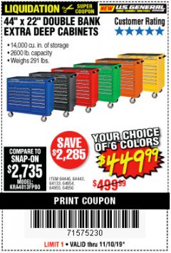 Harbor Freight Coupon 44" X 22" DOUBLE BANK EXTRA DEEP ROLLER CABINETS Lot No. 64444/64445/64446/64441/64442/64443/64281/64134/64133/64954/64955/64956 Expired: 11/10/19 - $449.99