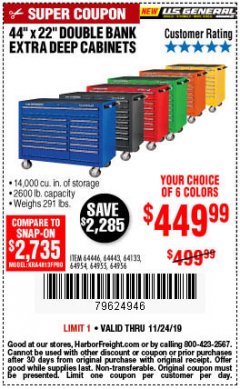 Harbor Freight Coupon 44" X 22" DOUBLE BANK EXTRA DEEP ROLLER CABINETS Lot No. 64444/64445/64446/64441/64442/64443/64281/64134/64133/64954/64955/64956 Expired: 11/24/19 - $449.99