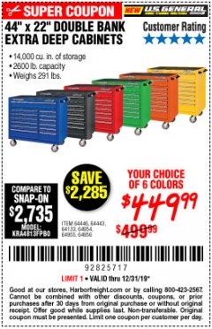 Harbor Freight Coupon 44" X 22" DOUBLE BANK EXTRA DEEP ROLLER CABINETS Lot No. 64444/64445/64446/64441/64442/64443/64281/64134/64133/64954/64955/64956 Expired: 12/31/19 - $449.99