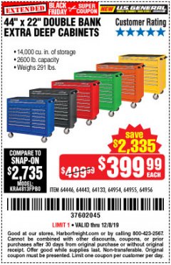 Harbor Freight Coupon 44" X 22" DOUBLE BANK EXTRA DEEP ROLLER CABINETS Lot No. 64444/64445/64446/64441/64442/64443/64281/64134/64133/64954/64955/64956 Expired: 12/8/19 - $399.99