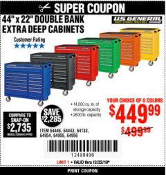 Harbor Freight Coupon 44" X 22" DOUBLE BANK EXTRA DEEP ROLLER CABINETS Lot No. 64444/64445/64446/64441/64442/64443/64281/64134/64133/64954/64955/64956 Expired: 12/22/19 - $449.99