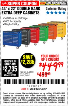 Harbor Freight Coupon 44" X 22" DOUBLE BANK EXTRA DEEP ROLLER CABINETS Lot No. 64444/64445/64446/64441/64442/64443/64281/64134/64133/64954/64955/64956 Expired: 1/6/20 - $449.99