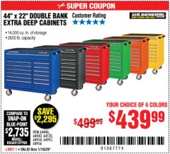 Harbor Freight Coupon 44" X 22" DOUBLE BANK EXTRA DEEP ROLLER CABINETS Lot No. 64444/64445/64446/64441/64442/64443/64281/64134/64133/64954/64955/64956 Expired: 1/19/20 - $439.99