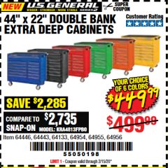 Harbor Freight Coupon 44" X 22" DOUBLE BANK EXTRA DEEP ROLLER CABINETS Lot No. 64444/64445/64446/64441/64442/64443/64281/64134/64133/64954/64955/64956 Expired: 2/15/20 - $449.99