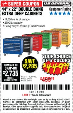 Harbor Freight Coupon 44" X 22" DOUBLE BANK EXTRA DEEP ROLLER CABINETS Lot No. 64444/64445/64446/64441/64442/64443/64281/64134/64133/64954/64955/64956 Expired: 2/29/20 - $449.99