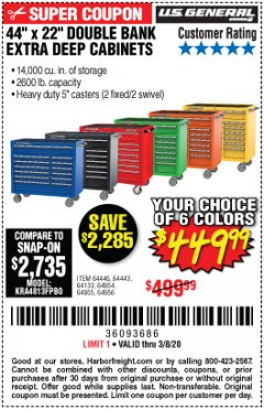 Harbor Freight Coupon 44" X 22" DOUBLE BANK EXTRA DEEP ROLLER CABINETS Lot No. 64444/64445/64446/64441/64442/64443/64281/64134/64133/64954/64955/64956 Expired: 2/8/20 - $449.99