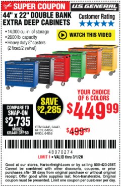 Harbor Freight Coupon 44" X 22" DOUBLE BANK EXTRA DEEP ROLLER CABINETS Lot No. 64444/64445/64446/64441/64442/64443/64281/64134/64133/64954/64955/64956 Expired: 3/1/20 - $449.99