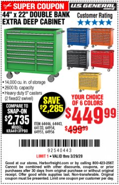 Harbor Freight Coupon 44" X 22" DOUBLE BANK EXTRA DEEP ROLLER CABINETS Lot No. 64444/64445/64446/64441/64442/64443/64281/64134/64133/64954/64955/64956 Expired: 3/29/20 - $449.99