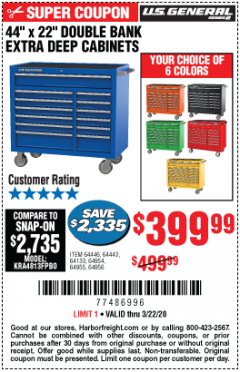 Harbor Freight Coupon 44" X 22" DOUBLE BANK EXTRA DEEP ROLLER CABINETS Lot No. 64444/64445/64446/64441/64442/64443/64281/64134/64133/64954/64955/64956 Expired: 3/22/20 - $399.99