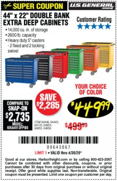 Harbor Freight Coupon 44" X 22" DOUBLE BANK EXTRA DEEP ROLLER CABINETS Lot No. 64444/64445/64446/64441/64442/64443/64281/64134/64133/64954/64955/64956 Expired: 6/30/20 - $449.99