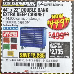Harbor Freight Coupon 44" X 22" DOUBLE BANK EXTRA DEEP ROLLER CABINETS Lot No. 64444/64445/64446/64441/64442/64443/64281/64134/64133/64954/64955/64956 Expired: 7/1/20 - $449.99