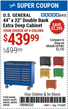 Harbor Freight Coupon 44" X 22" DOUBLE BANK EXTRA DEEP ROLLER CABINETS Lot No. 64444/64445/64446/64441/64442/64443/64281/64134/64133/64954/64955/64956 Expired: 7/15/20 - $439.99