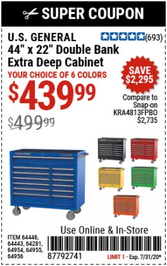 Harbor Freight Coupon 44" X 22" DOUBLE BANK EXTRA DEEP ROLLER CABINETS Lot No. 64444/64445/64446/64441/64442/64443/64281/64134/64133/64954/64955/64956 Expired: 7/31/20 - $439.99