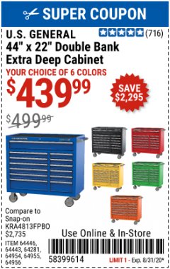 Harbor Freight Coupon 44" X 22" DOUBLE BANK EXTRA DEEP ROLLER CABINETS Lot No. 64444/64445/64446/64441/64442/64443/64281/64134/64133/64954/64955/64956 Expired: 8/31/20 - $439.99