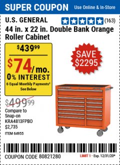 Harbor Freight Coupon 44" X 22" DOUBLE BANK EXTRA DEEP ROLLER CABINETS Lot No. 64444/64445/64446/64441/64442/64443/64281/64134/64133/64954/64955/64956 Expired: 12/31/20 - $439.99