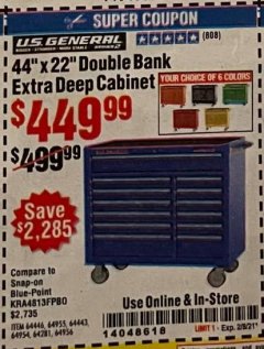 Harbor Freight Coupon 44" X 22" DOUBLE BANK EXTRA DEEP ROLLER CABINETS Lot No. 64444/64445/64446/64441/64442/64443/64281/64134/64133/64954/64955/64956 Expired: 2/8/21 - $449.99
