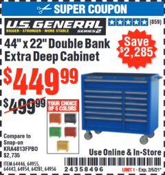 Harbor Freight Coupon 44" X 22" DOUBLE BANK EXTRA DEEP ROLLER CABINETS Lot No. 64444/64445/64446/64441/64442/64443/64281/64134/64133/64954/64955/64956 Expired: 2/5/21 - $449.99