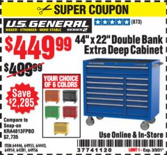 Harbor Freight Coupon 44" X 22" DOUBLE BANK EXTRA DEEP ROLLER CABINETS Lot No. 64444/64445/64446/64441/64442/64443/64281/64134/64133/64954/64955/64956 Expired: 3/3/21 - $449.99