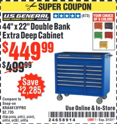 Harbor Freight Coupon 44" X 22" DOUBLE BANK EXTRA DEEP ROLLER CABINETS Lot No. 64444/64445/64446/64441/64442/64443/64281/64134/64133/64954/64955/64956 Expired: 3/1/21 - $449.99