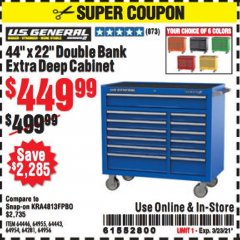 Harbor Freight Coupon 44" X 22" DOUBLE BANK EXTRA DEEP ROLLER CABINETS Lot No. 64444/64445/64446/64441/64442/64443/64281/64134/64133/64954/64955/64956 Expired: 3/23/21 - $449.99