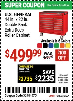 Harbor Freight Coupon 44" X 22" DOUBLE BANK EXTRA DEEP ROLLER CABINETS Lot No. 64444/64445/64446/64441/64442/64443/64281/64134/64133/64954/64955/64956 Expired: 3/13/22 - $499.99