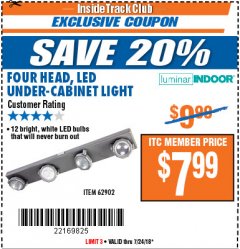 Harbor Freight ITC Coupon 4 HEAD LED UNDER-CABINET LIGHT Lot No. 62902 Expired: 7/24/18 - $7.99