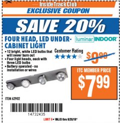 Harbor Freight ITC Coupon 4 HEAD LED UNDER-CABINET LIGHT Lot No. 62902 Expired: 8/28/18 - $7.99
