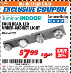 Harbor Freight ITC Coupon 4 HEAD LED UNDER-CABINET LIGHT Lot No. 62902 Expired: 10/31/18 - $7.99