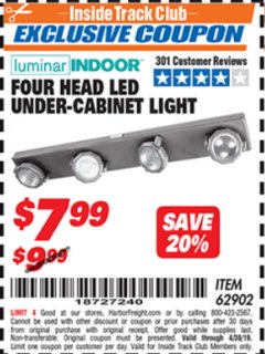 Harbor Freight ITC Coupon 4 HEAD LED UNDER-CABINET LIGHT Lot No. 62902 Expired: 4/30/19 - $7.99