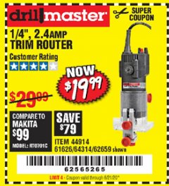 Harbor Freight Coupon 1/4" TRIM ROUTER Lot No. 62659/61626/44914 Expired: 6/21/20 - $19.99