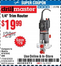 Harbor Freight Coupon 1/4" TRIM ROUTER Lot No. 62659/61626/44914 Expired: 8/16/20 - $19.99