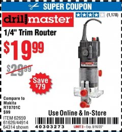 Harbor Freight Coupon 1/4" TRIM ROUTER Lot No. 62659/61626/44914 Expired: 8/16/20 - $19.99