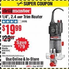 Harbor Freight Coupon 1/4" TRIM ROUTER Lot No. 62659/61626/44914 Expired: 9/21/20 - $19.99