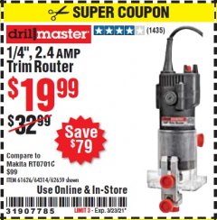 Harbor Freight Coupon 1/4" TRIM ROUTER Lot No. 62659/61626/44914 Expired: 3/23/21 - $19.99