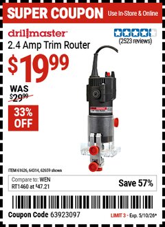 Harbor Freight Coupon DRILL MASTER 2.4 AMP TRIM ROUTER Lot No. 62659/44914/61626/64314 Expired: 5/10/26 - $19.99