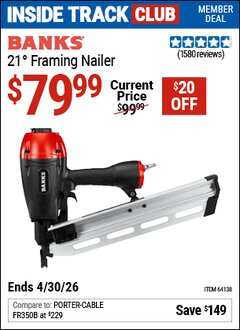 Harbor Freight Coupon BANKS 21&deg; FRAMING NAILER Lot No. 64138 Valid: 12/31/69 - 4/30/26 - $79.99