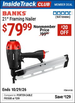 Harbor Freight ITC Coupon BANKS 21&deg; FRAMING NAILER Lot No. 64138 Valid Thru: 10/29/26 - $79.99