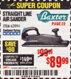 Harbor Freight Coupon BAXTER STRAIGHT LINE AIR SANDER Lot No. 63994 Expired: 12/31/18 - $89.99