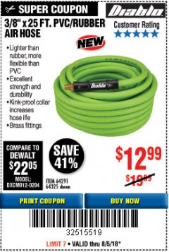 Harbor Freight Coupon DIABLO 3/8" X 25 FT. PVC/RUBBER AIR HOSE Lot No. 64291/64325 Expired: 8/5/18 - $12.99