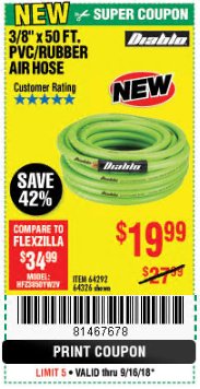 Harbor Freight Coupon DIABLO 3/8" X 50 FT. PVC/RUBBER DIABLO AIR HOSE Lot No. 64292/64326 Expired: 9/16/18 - $19.99