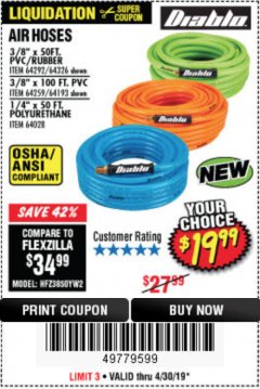 Harbor Freight Coupon DIABLO 3/8" X 50 FT. PVC/RUBBER DIABLO AIR HOSE Lot No. 64292/64326 Expired: 4/30/19 - $19.99