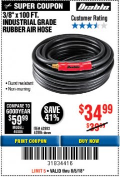 Harbor Freight Coupon DIABLO 3/8" X 100 FT. INDUSTRIAL GRADE RUBBER AIR HOSE  Lot No. 62883/62886 Expired: 8/5/18 - $34.99