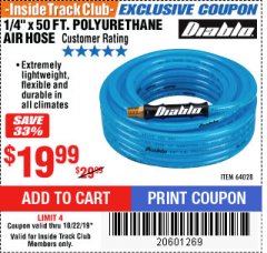 Harbor Freight ITC Coupon 1/4X25FT POLYURETHANE DIABLO AIR HOSE Lot No. 64027 Expired: 10/22/19 - $0