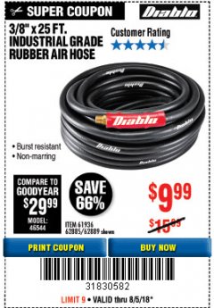 Harbor Freight Coupon DIABLO 3/8" X 25 FT. INDUSTRIAL GRADE RUBBER AIR HOSE Lot No. 61963/62885/62889 Expired: 8/5/18 - $9.99