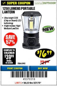 Harbor Freight Coupon 1250 LUMENS PORTABLE LANTERN Lot No. 63992 Expired: 8/31/18 - $16.99