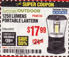 Harbor Freight Coupon 1250 LUMENS PORTABLE LANTERN Lot No. 63992 Expired: 12/31/18 - $17.99