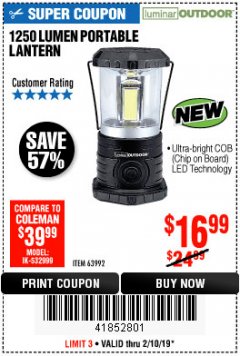 Harbor Freight Coupon 1250 LUMENS PORTABLE LANTERN Lot No. 63992 Expired: 2/10/19 - $16.99